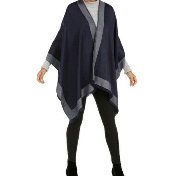 Calvin Klein Accessories - Calvin Klein Metallic Border Ruana Wrap Shawl Navy Grey One Size Rtl $88